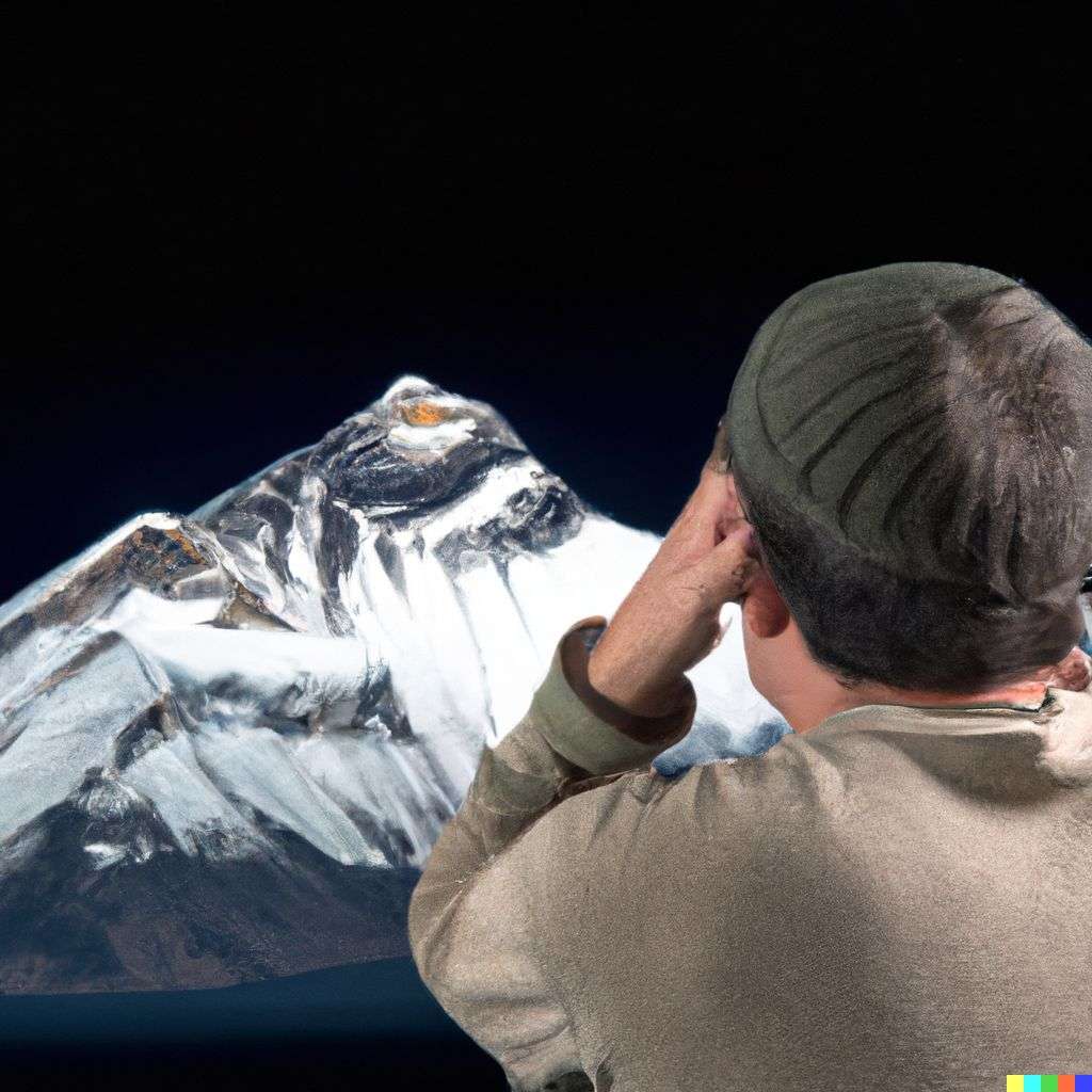 someone gazing at Mount Everest, photograph, studio lighting